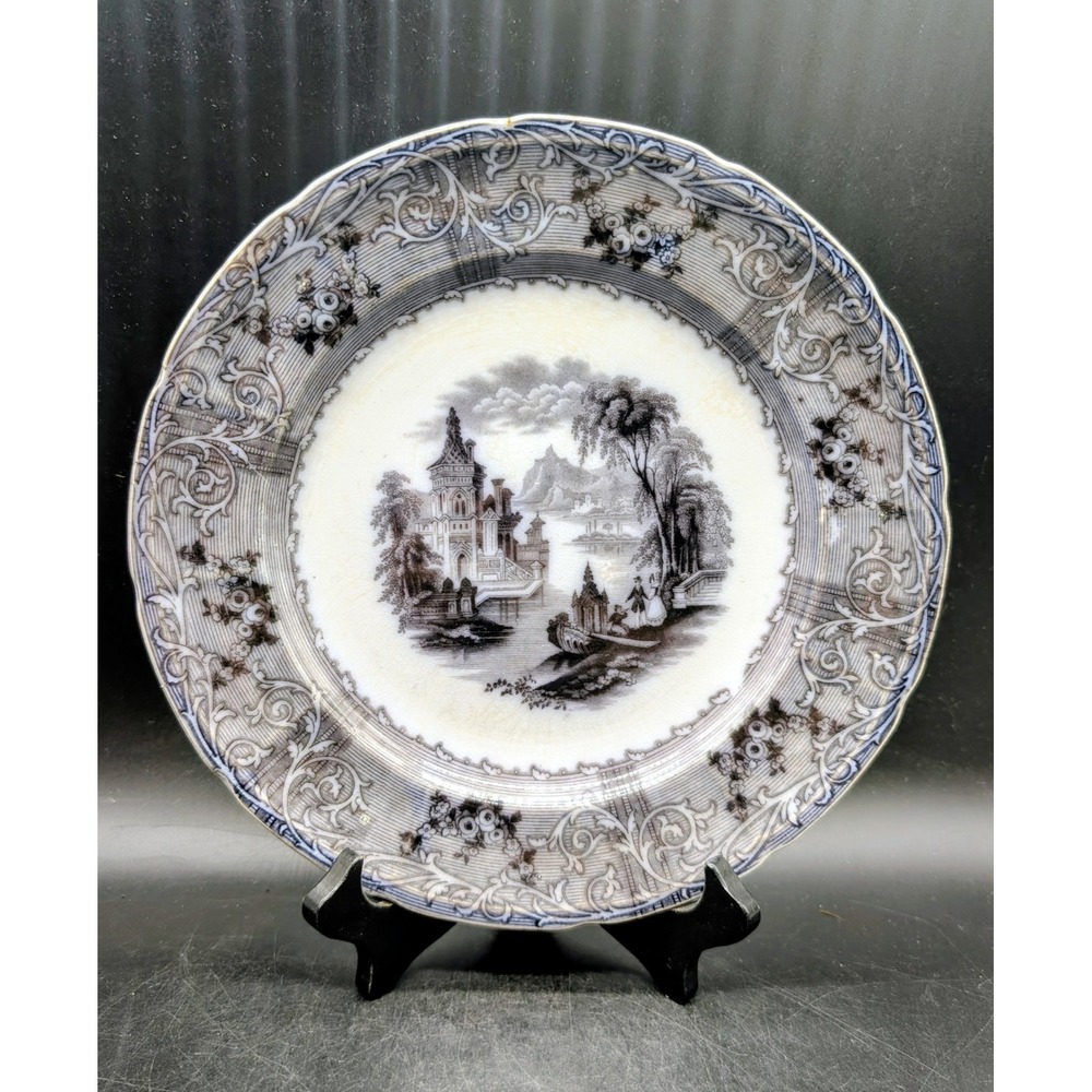 TJ & J Mayer Rhone Scenery Flow Blue Transferware Plate Antique Victorian 9.5in